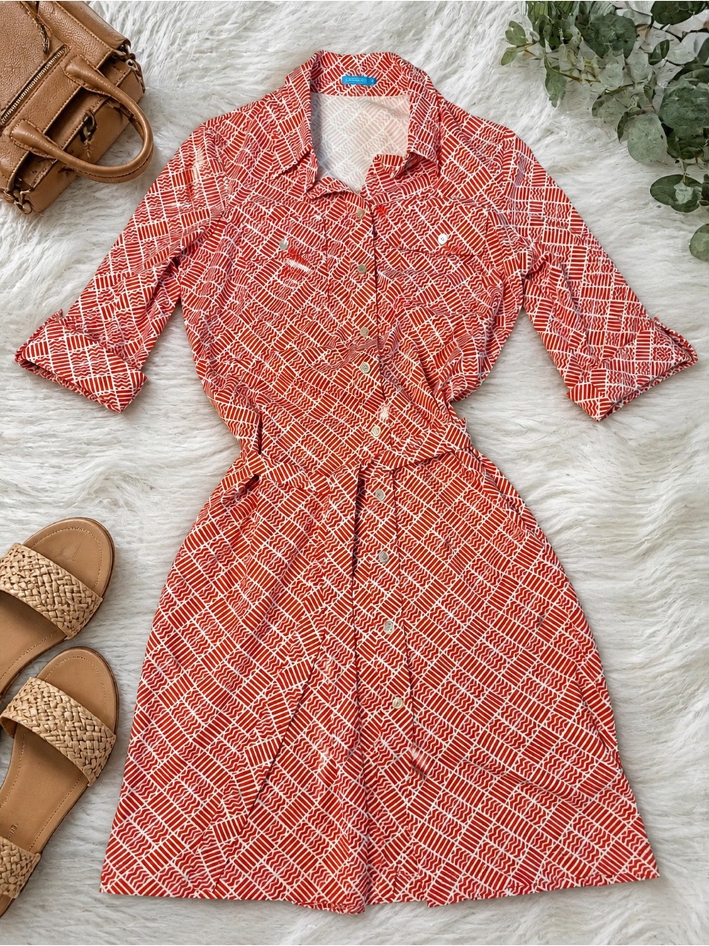J.McLaughlin Red White Geometric Print Shirt Dress Medium